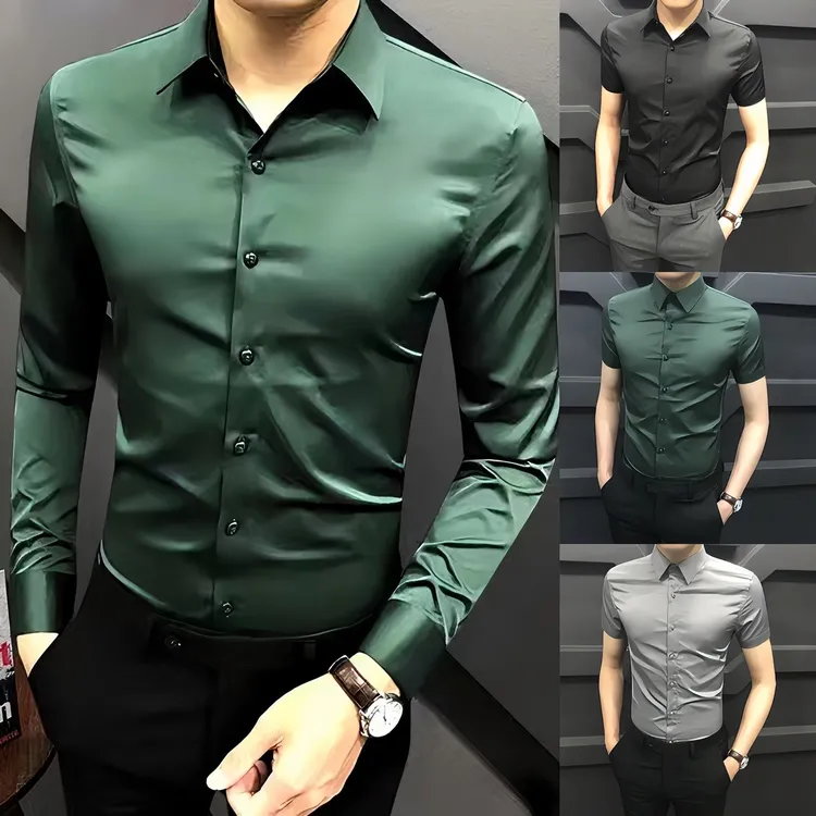 春季新款冰丝男士衬衫男长袖韩版潮流修身高级感衬衣免烫正装商务