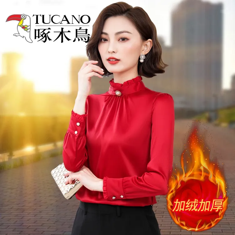 啄木鸟加绒雪纺衬衫女长袖2022年春秋季新款上衣打底衫衬衣小衫