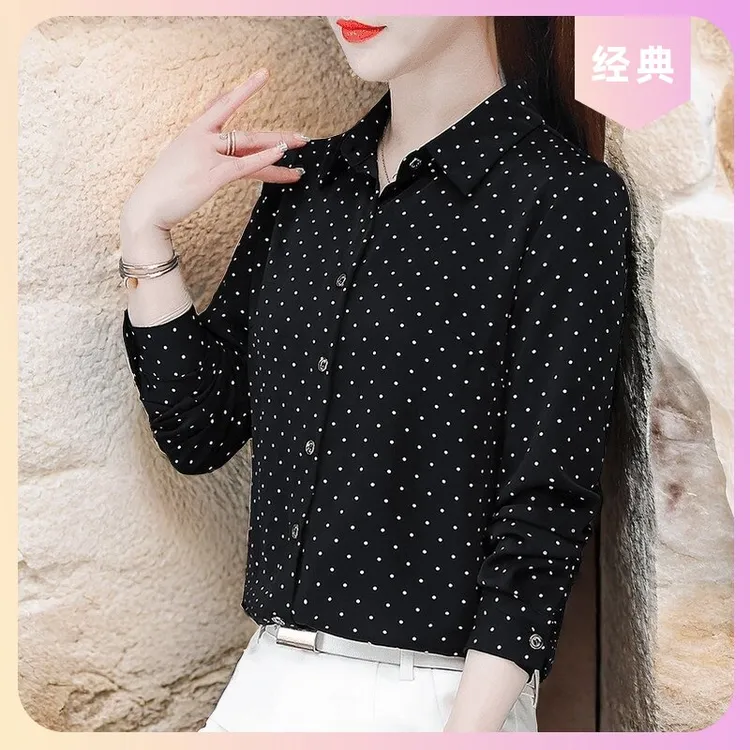 啄木鸟显瘦新款妈妈气质春秋衬衫衬衣春季长袖洋气波点上衣雪纺女