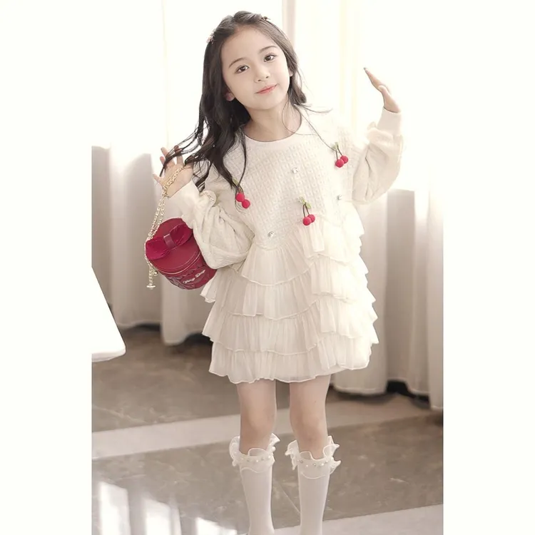 儿童洋气衣裙2024秋季新品女童中大童樱桃拼接甜美公主风连衣裙