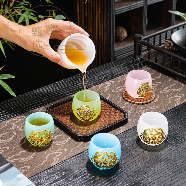 鎏金瓷琉璃主人杯龙凤茶杯品茗杯加厚玉石家用茶盏功夫茶具描金