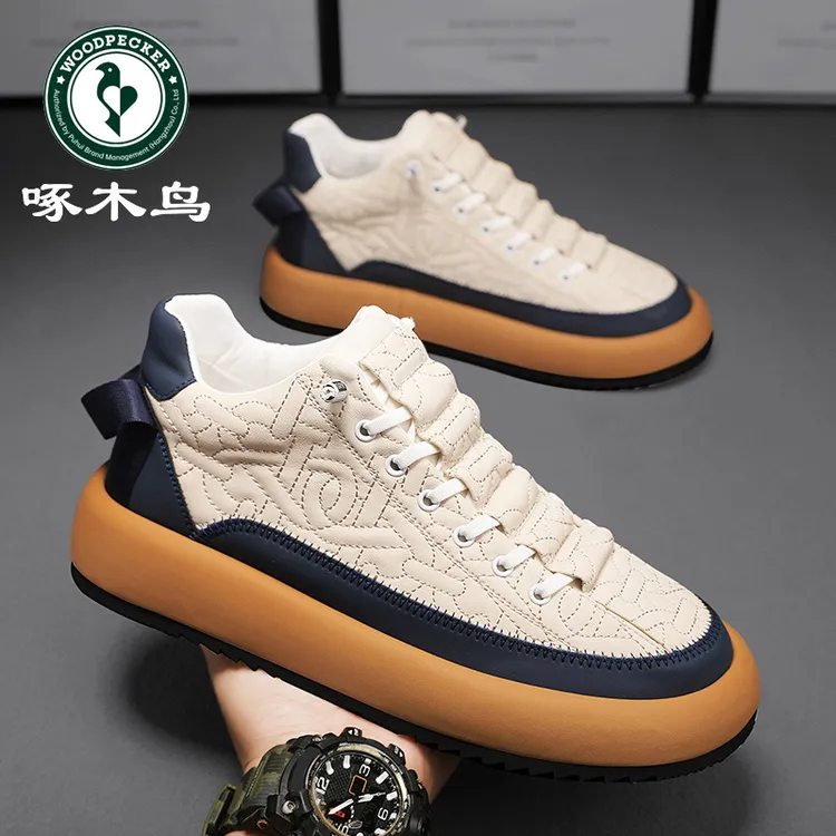 啄木鸟男鞋新款潮流百搭高级感休闲板鞋子男款一脚蹬厚底运动皮鞋