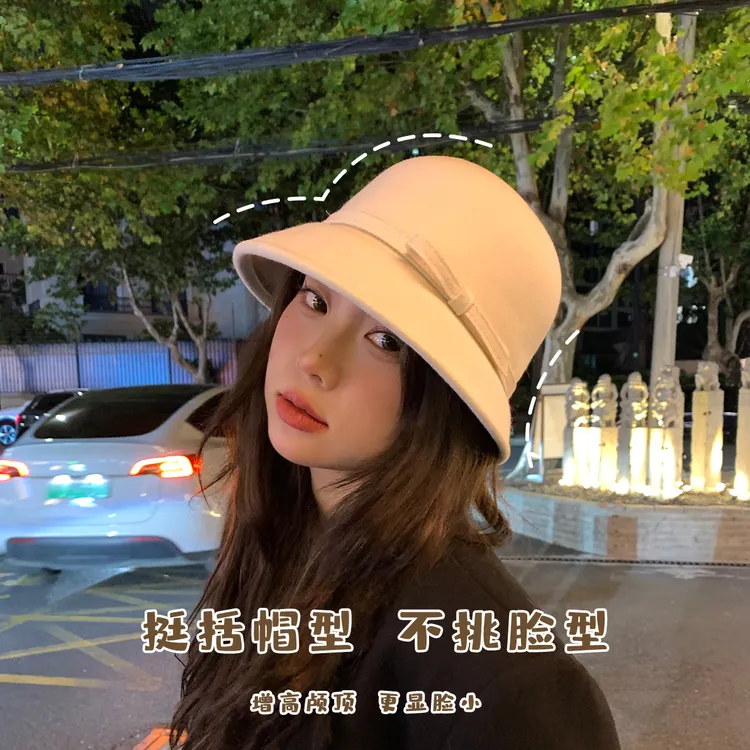 大头星球千金风白色渔夫帽大头围显脸小秋冬帽子法式盆帽名媛礼帽