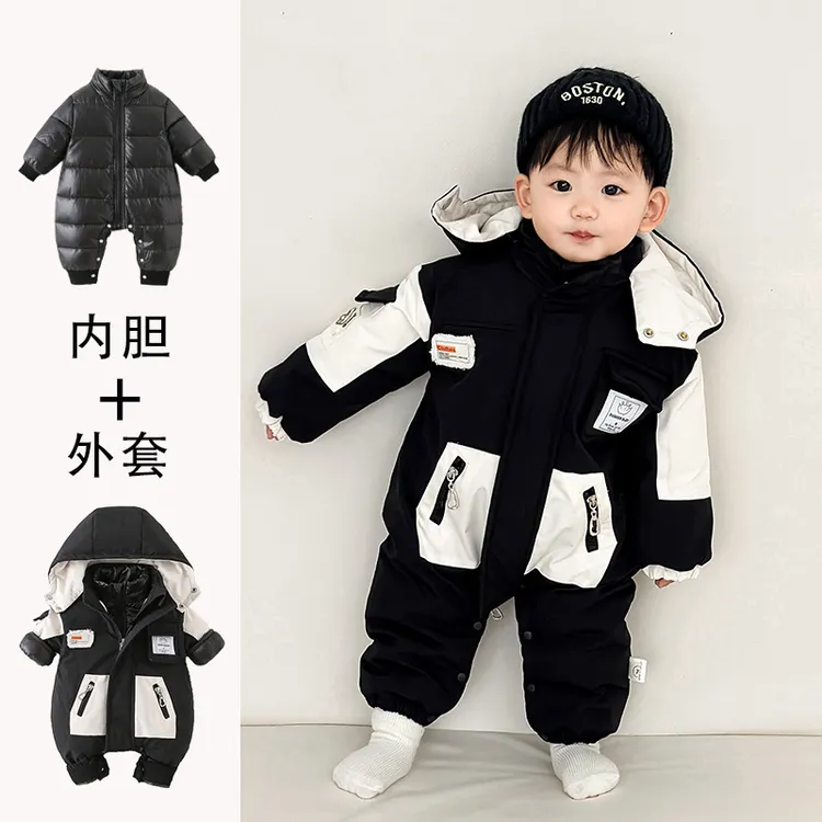 婴幼儿冬装衣服男宝宝机车羽绒服连体衣新生儿羽绒内胆真两件外套