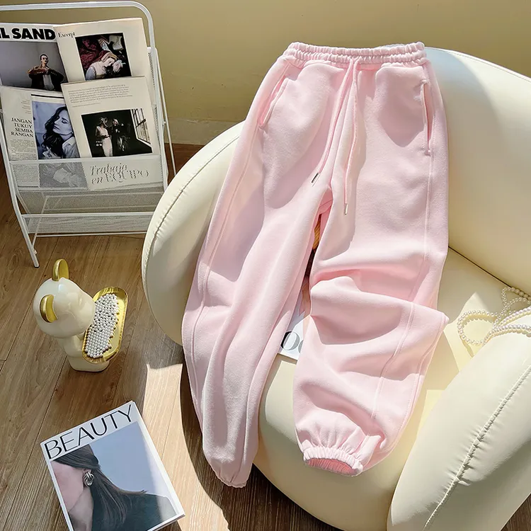 淡粉色加绒卫裤女秋冬新小个子运动裤束脚收口宽松显瘦休闲哈伦裤