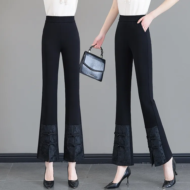 国风微喇裤春季新款时尚休闲喇叭裤修身高腰百搭盘扣黑色九分裤