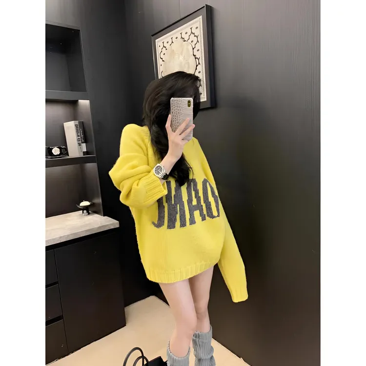 睿夕【甜橘绒绒~】美式宽松慵懒风针织字母套头毛衣