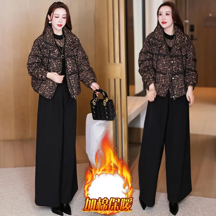 2024冬季新款豹纹棉衣面包服女洋气百搭时尚保暖抗寒立领短款棉服