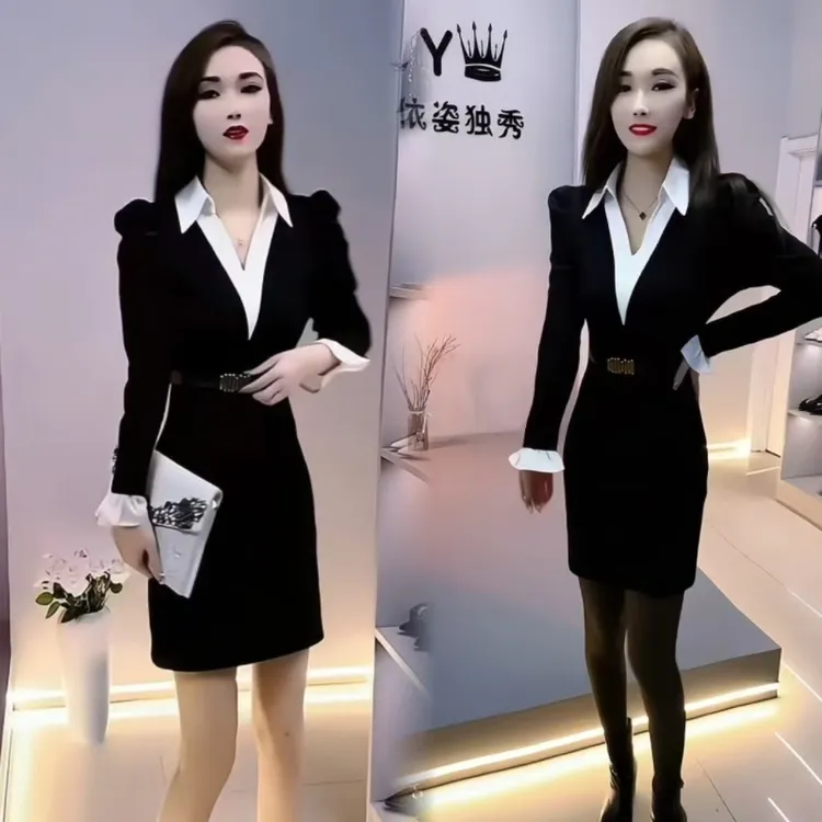 气质新款假两件长袖连衣裙女洋气时尚拼色修身显瘦女神收腰裙子潮