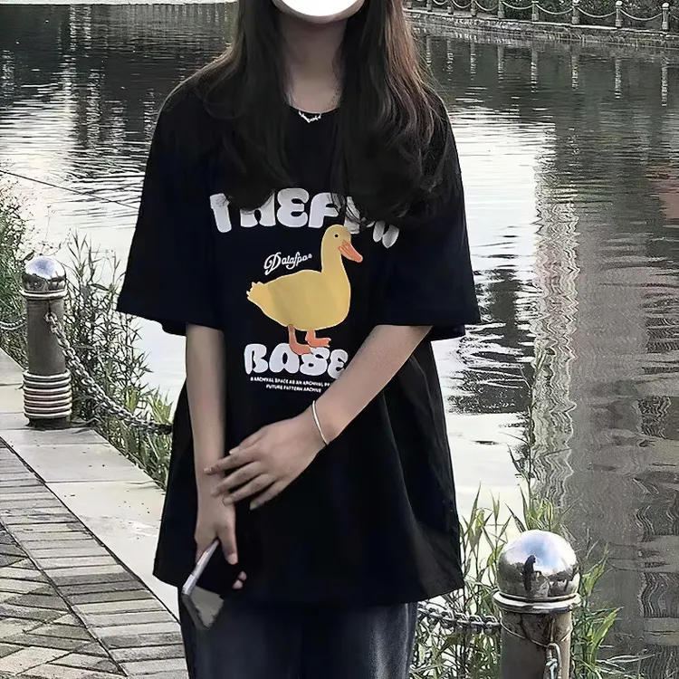 小鸭子印花短袖T恤女半袖小众百搭黑色宽松纯棉大码潮流休闲上衣t