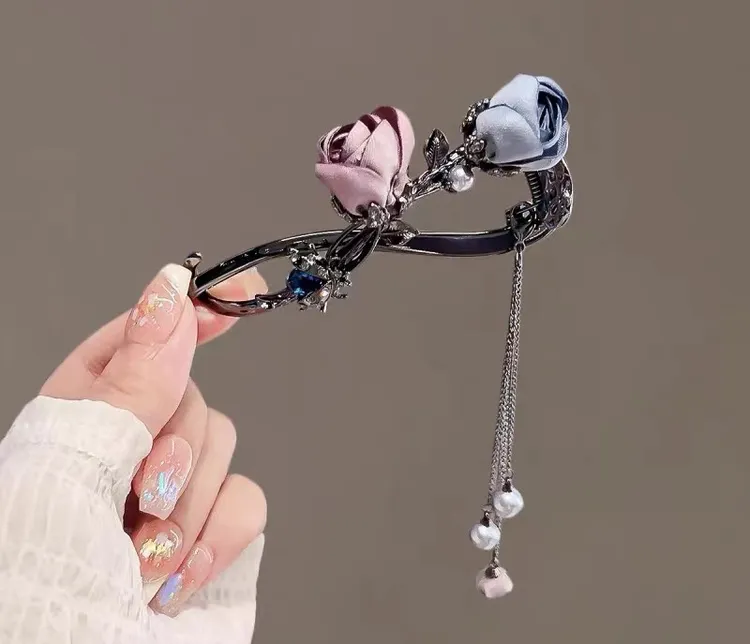 新款玫瑰花花朵发夹发饰扭扭夹高级高档新中式古风流苏女发夹头饰