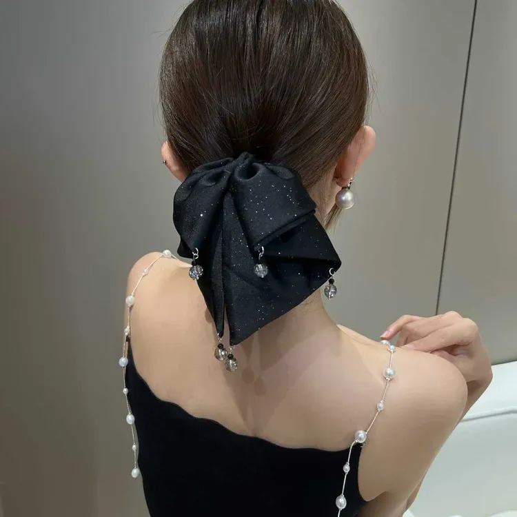 气质法式多层缎面带挂坠蝴蝶结抓夹黑色复古百搭马尾夹发饰头饰