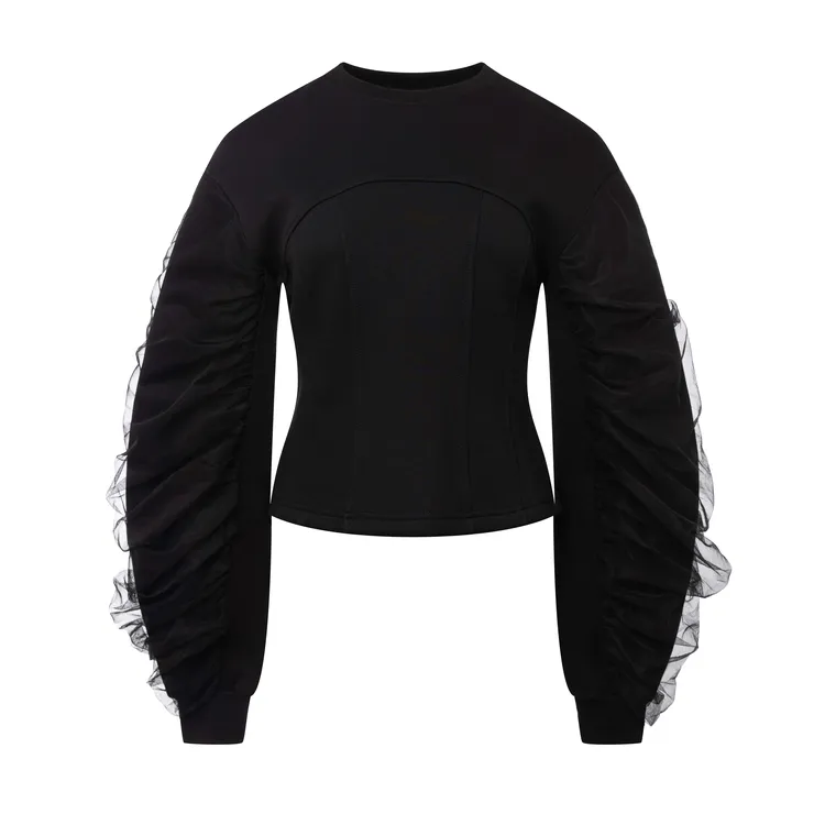 MEETMOS【墨色】设计师款黑色蕾丝拼接显瘦圆领收腰卫衣-上衣