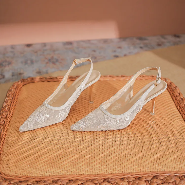 763-2细跟性感凉鞋欧洲站2024新款春季蕾丝镂空网纱尖头高跟鞋女