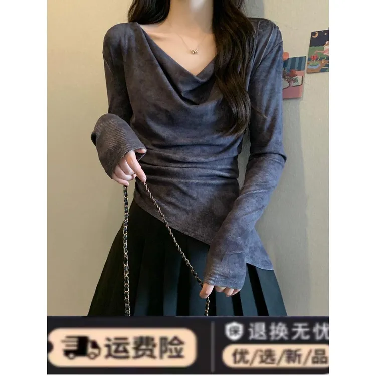 大码扎染v领长袖t恤女秋季胖mm修身显瘦纯欲风不规则锁骨打底上衣