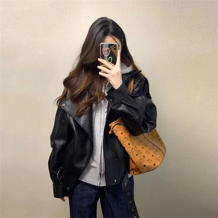 黑色皮衣外套女2024新款高级感今年流行夹克百搭爆款酷飒风复古潮