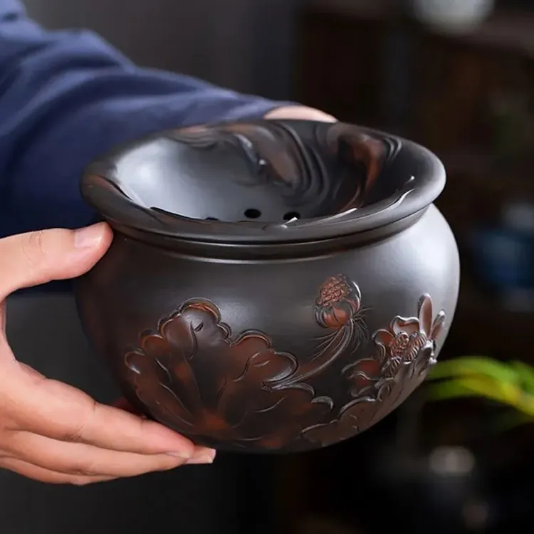 新款建水紫陶茶洗水盂茶渣缸废水缸桌面收纳垃圾桶带过滤干湿分离