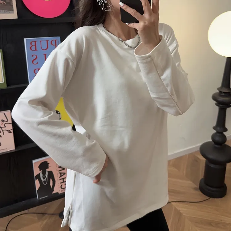 德绒长袖T恤女圆领白色春秋打底内搭中长款韩版宽松打底衫上衣