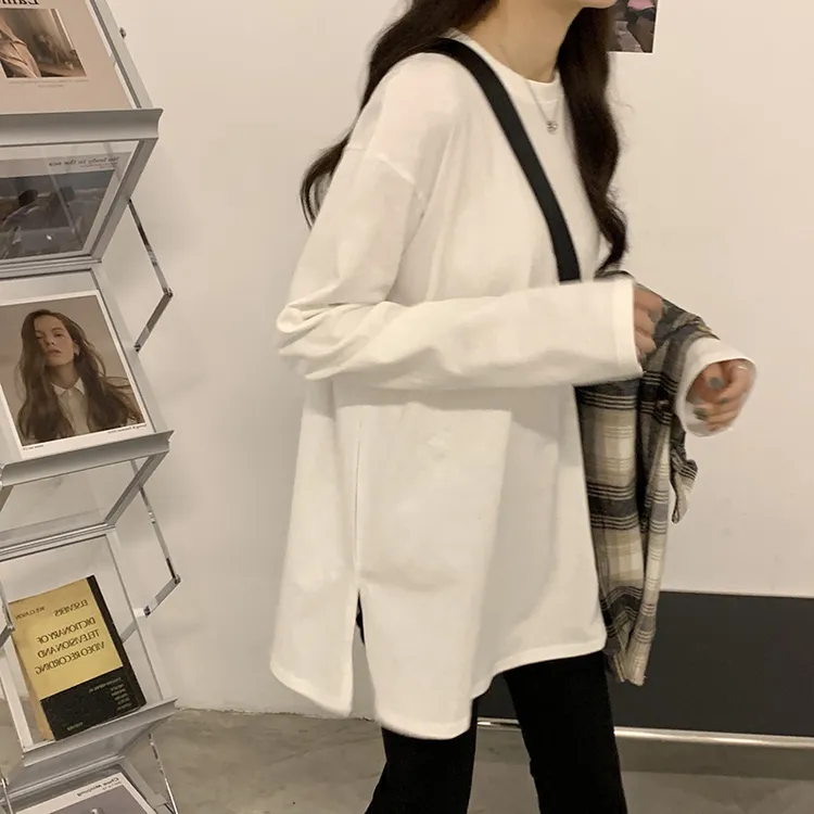 长袖T恤春秋内搭女圆领开叉中长款韩版百搭宽松白色打底衫