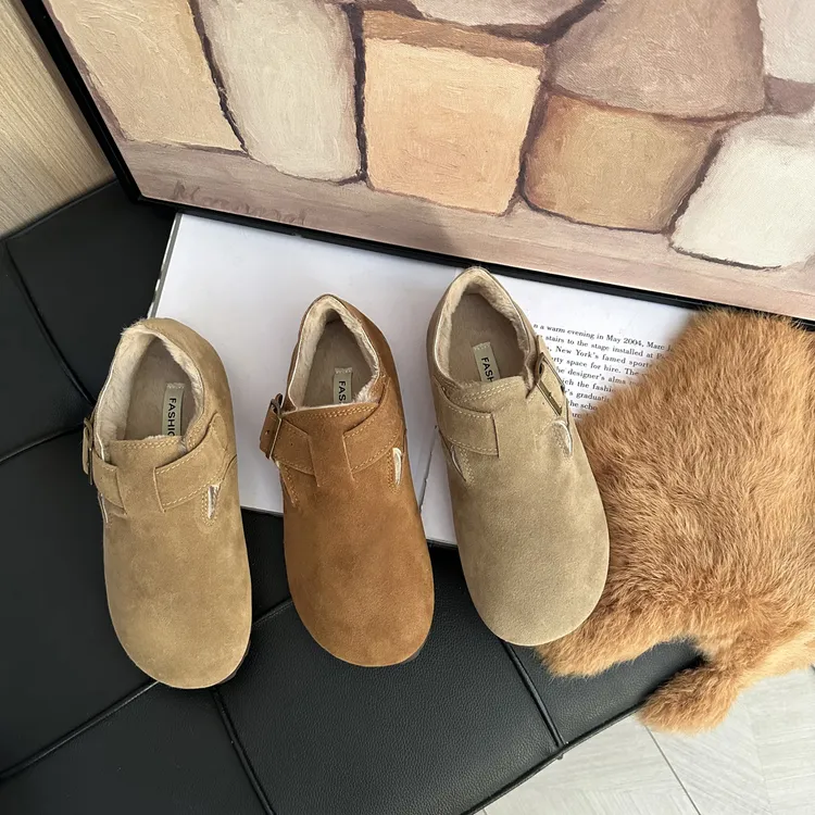 勃肯鞋加绒圆头博肯鞋女一脚蹬单鞋秋冬懒人毛毛鞋包头鞋女外穿