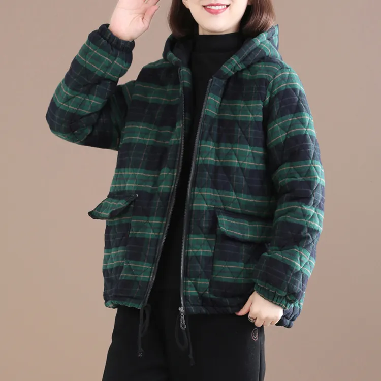 棉服女冬季新款上衣连帽外套秋冬款妈妈大码女装女士棉袄格子棉衣