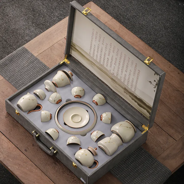 绎心米黄汝窑锯钉功夫茶具套装开片可养中式茶壶盖碗轻奢办公送礼