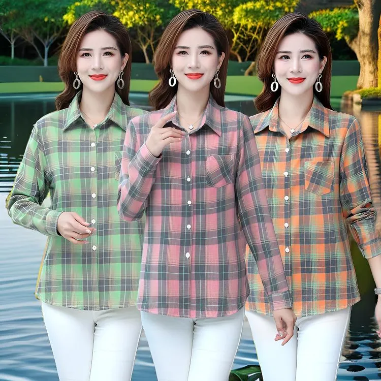 春秋装中老年婆婆全棉上衣格子衬衣女宽松大码妈妈纯棉长袖衬衫女
