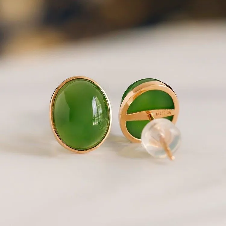 新疆和田玉碧玉耳钉椭圆形蛋面耳环耳饰碧绿菠菜绿苹果绿耳钩耳坠