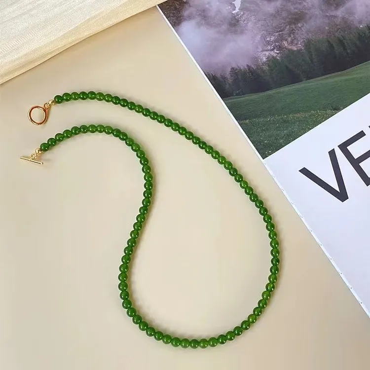 小红书同款绿玛瑙玉髓保真玉项链女款绿色圆珠颈饰高级轻奢锁骨链