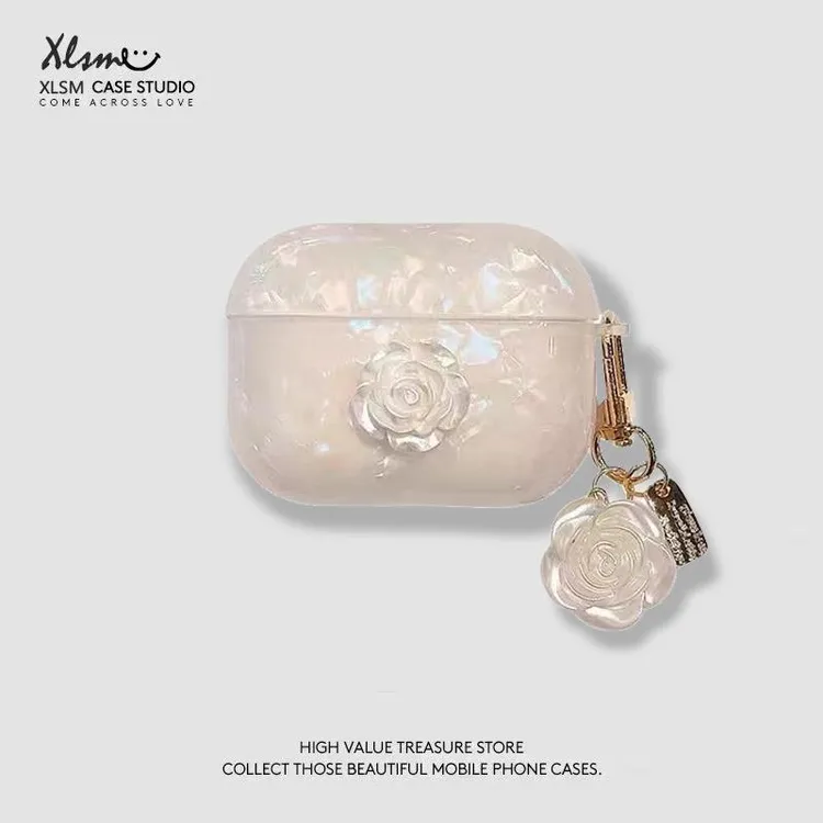 立体白色山茶花贝壳纹airpodspro2/3保护套airpods4三代防摔2代盒