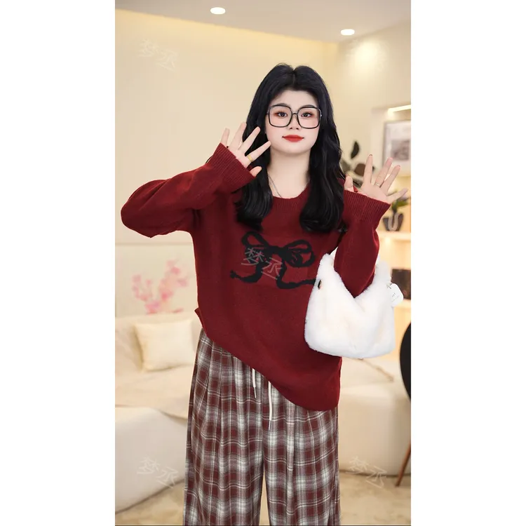 梦丞-胖妹妹大码女装宽松显瘦遮肉时尚百搭圆领蝴蝶结针织长袖女