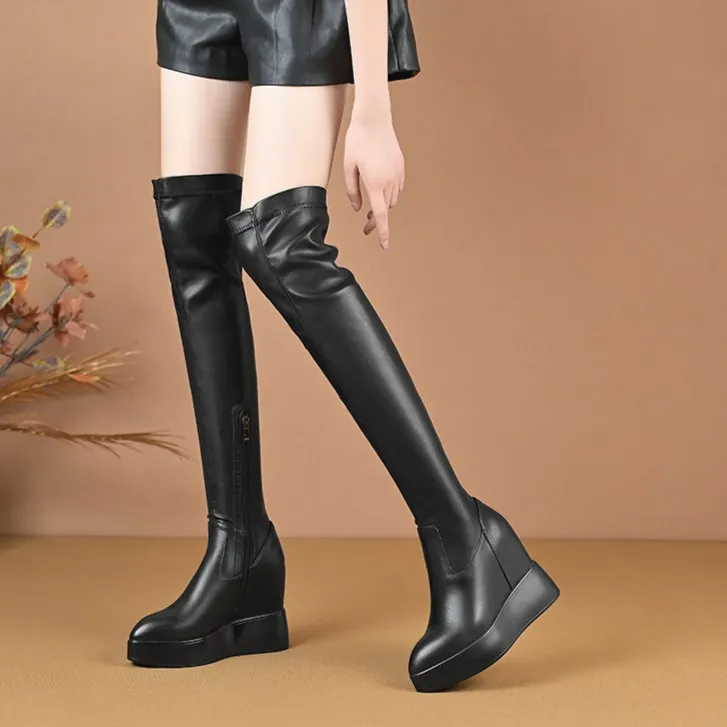百搭厚底过膝长靴小个子真皮坡跟鞋冬季靴内增高骑士长筒瘦瘦靴