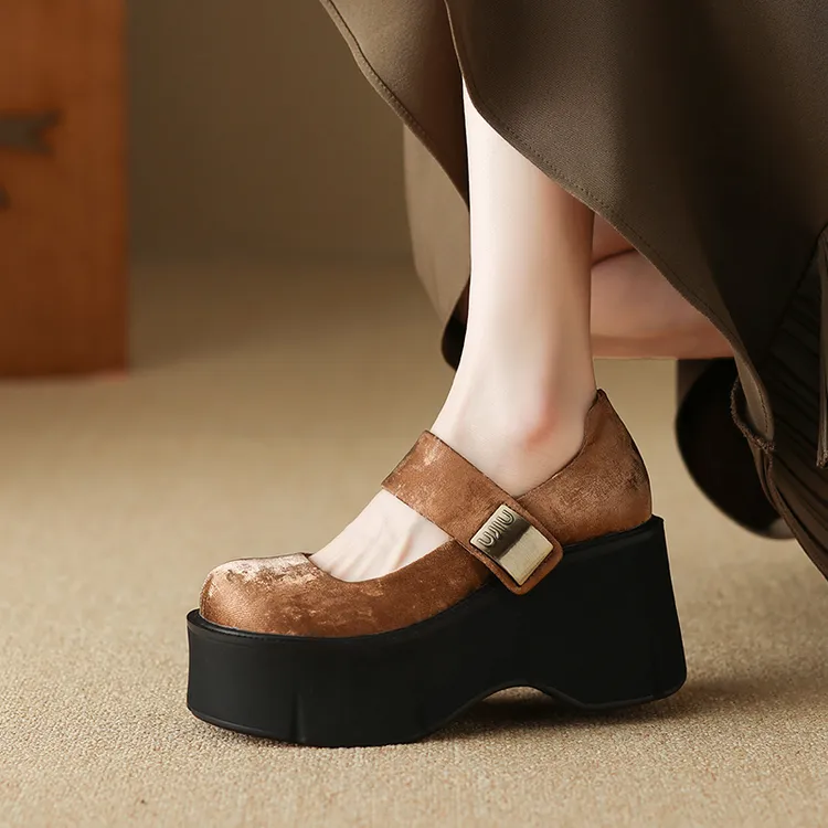 8.5cm复古单鞋增高新款厚底高跟鞋小个子圆头百搭爆款真皮女鞋