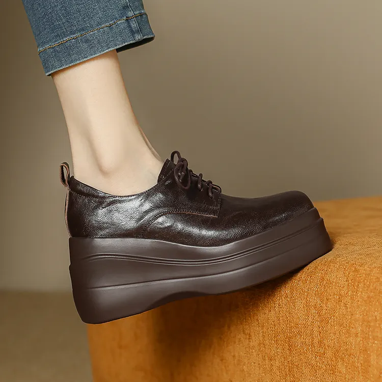 8.5cm羊皮高跟厚底皮鞋女百搭真皮坡跟鞋女款新款爆款女士单鞋