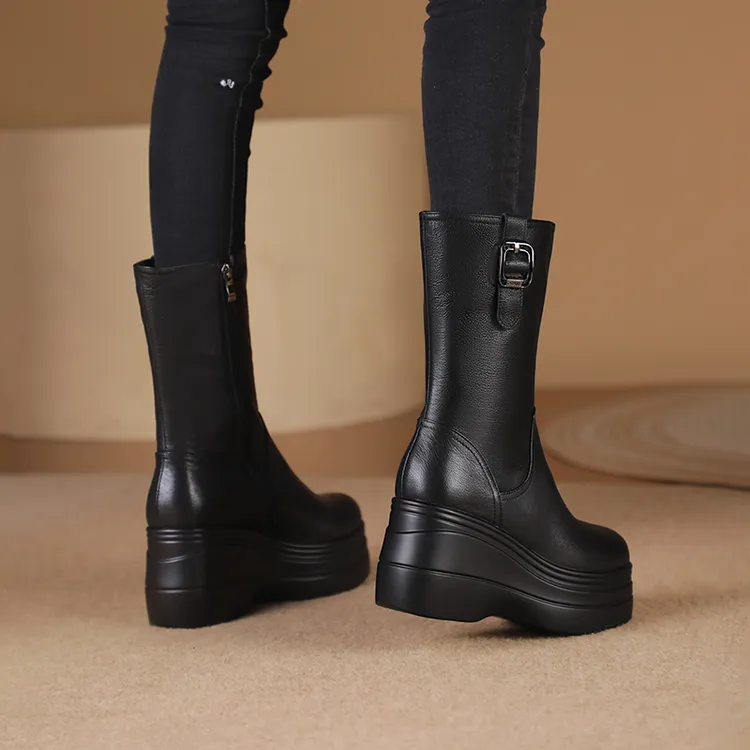 8.5cm真皮圆头厚底靴子女中筒靴秋冬新款加绒高跟女靴舒适骑士靴