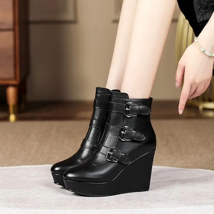 10.5cm高跟坡跟鞋厚底短靴小个子靴子高档增高真皮靴子厚底鞋皮靴