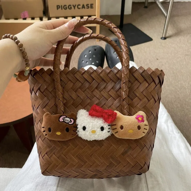 新款仿藤编织竹节手提包复古小众kitty高颜值ins可爱度假出游小包
