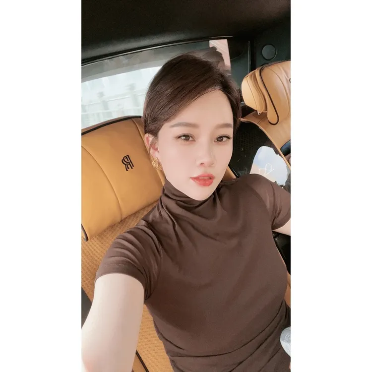 JING2024秋季新款8057女装小高领半袖T恤衫纯色上衣螺纹百搭短袖