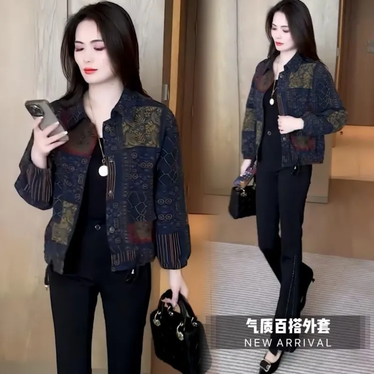 时尚休闲短外套女士春秋新款百搭长袖衬衫宽松时髦中老年开衫上衣