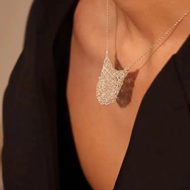 坠链均925银 设计感钱袋子项链女925纯银手工编织包包毛衣链短款