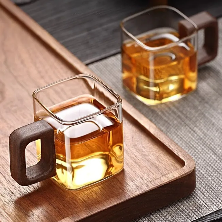 高硼硅玻璃杯耐高温玻璃胡桃木把小杯璃杯主人杯家用小品杯单层杯