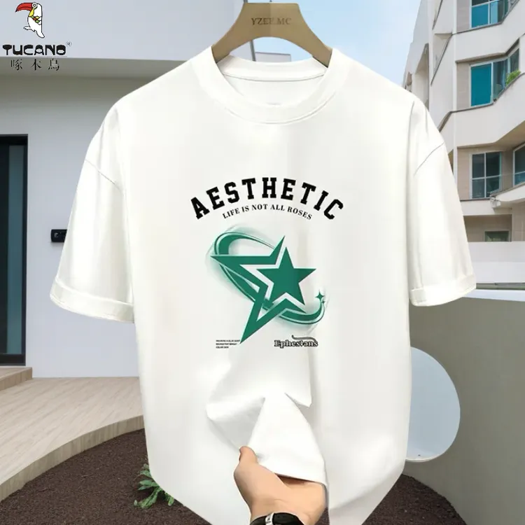 啄木鸟纯棉潮流情侣印花圆领30-40岁男士休闲百搭简约宽松t恤ins