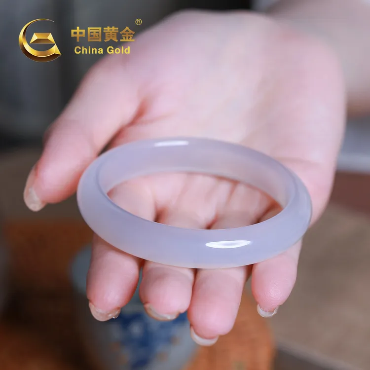 【中国黄金】天然白玛瑙荔枝冻白月光手镯水润透亮正圈玉镯