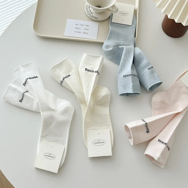 杭臻白色袜子女士夏季薄款中筒袜棉袜韩版运动字母堆堆袜夏天长袜