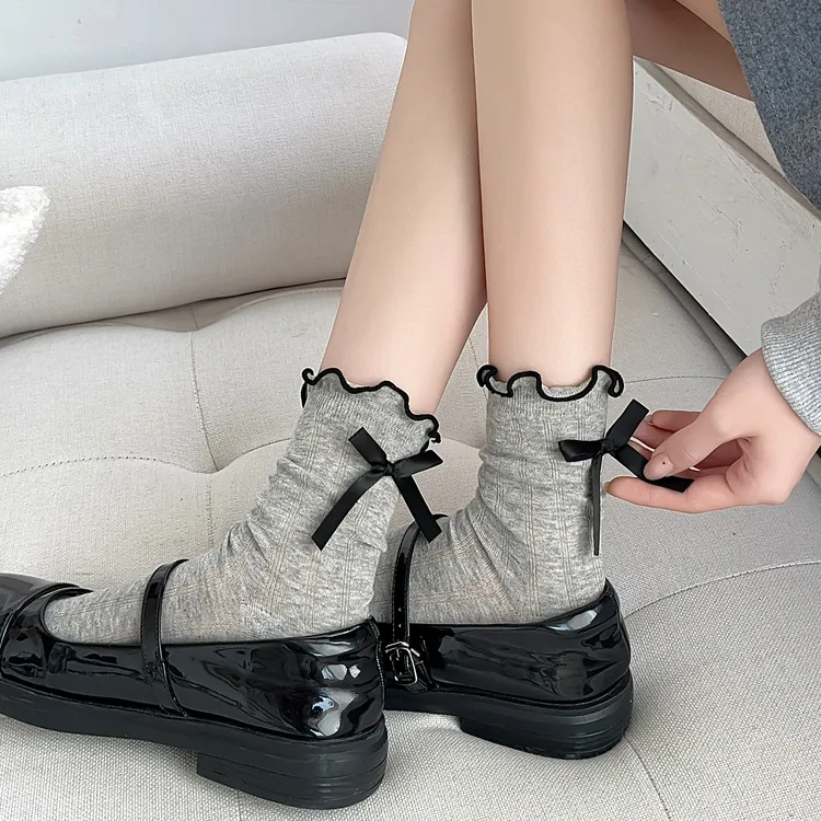 杭臻灰色蝴蝶结袜子女夏季薄款中筒袜棉袜夏天花边搭配小皮鞋长袜