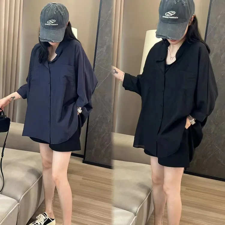 二姐的宝藏港风夏季时尚大版口袋衬衣慵懒风宽松百搭衬衫#24214