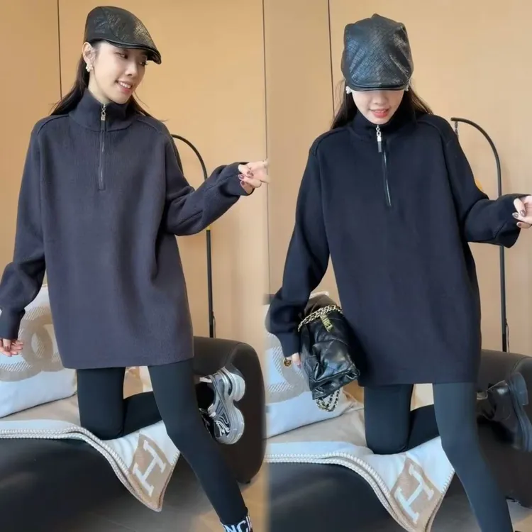 二姐的宝藏秋冬中长款半拉链高领宽松休闲长袖毛衣#24398