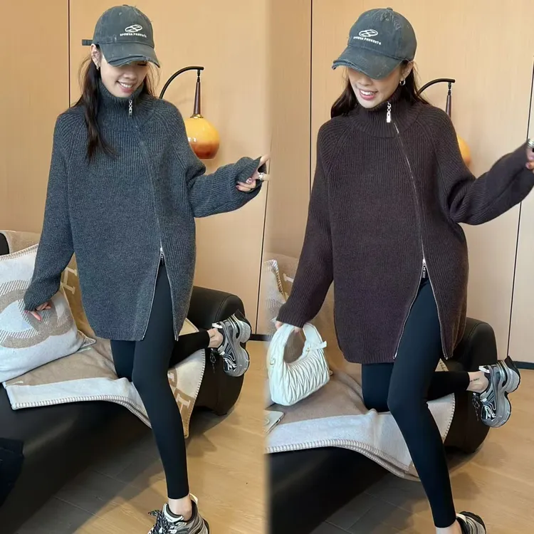 二姐的宝藏冬季慵懒风中长款加厚宽松侧拉链长袖高领毛衣#24430