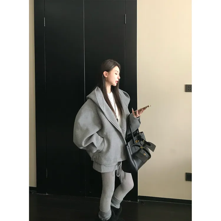 【青苍5折】Skk Store 冷雾西雅图 毛呢外套宽松连帽大衣半身裙套装