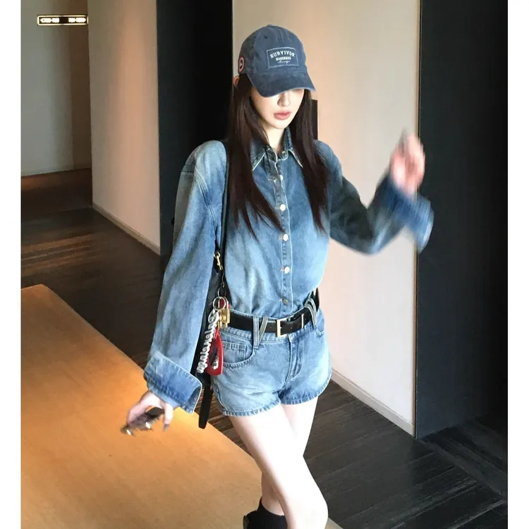 Skk Store 巴黎腔调 蓝色复古水洗衬衫女夏秋牛仔短裤套装
